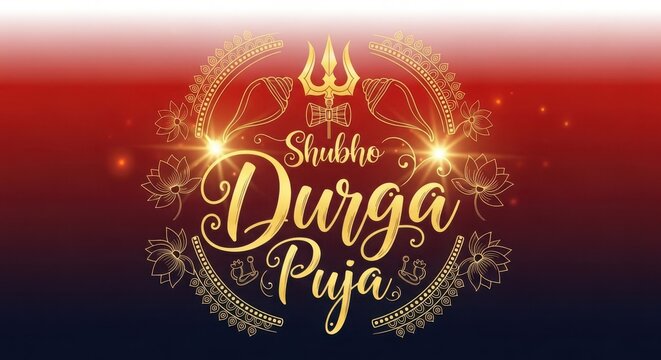 Shubho durga puja golden greeting card design with trident, conch shells and lotus flowers on a red background