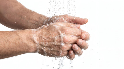 Fototapeta premium Hands with Soap Bubbles Mid-Wash Isolated on White Background – Hygiene and Infection Prevention Concept