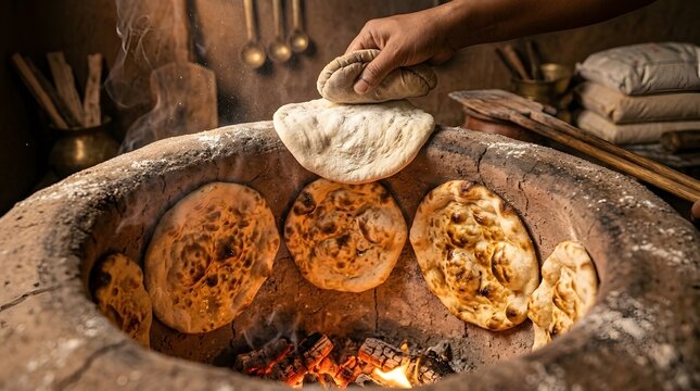 Fresh flatbread dough being pressed against hot tandoor oven wall with fire burning inside traditional Indian bakery shop clay kiln setup.