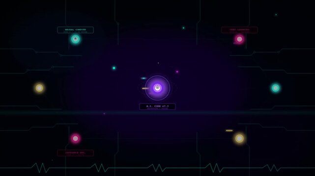 Artificial intelligence core neural network processing animation for technology presentations, machine learning concepts, deep learning visualization, corporate tech backgrounds, and science content