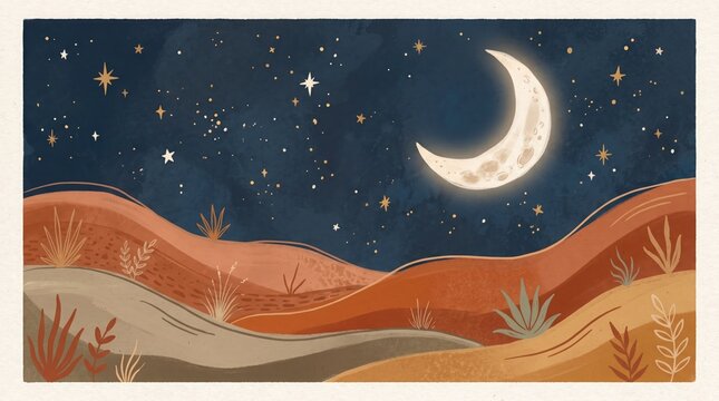 A serene desert landscape at night with a crescent moon shining brightly in the starry sky above sandy dunes and sparse vegetation.