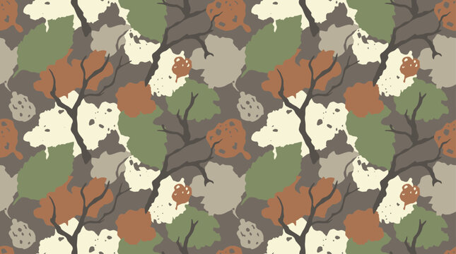 Decorative repeating forest motif with stylized foliage and branches in a serene, earthy color palette
