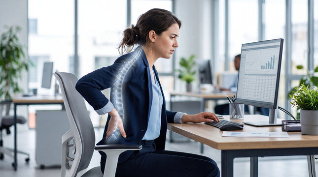 Woman suffering back pain from poor posture while working concept. Professional woman experiencing back pain while working at desk.
