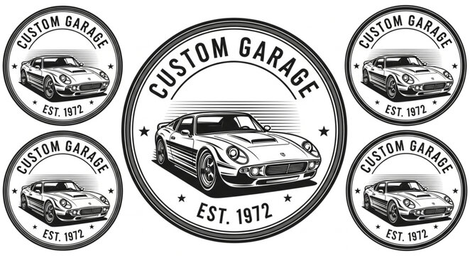 Vintage Custom Garage Emblem with Classic Sports Car Illustration.