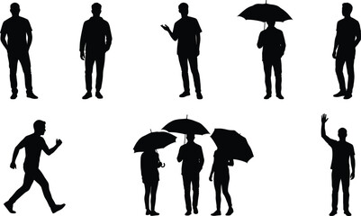 Professional collection of man silhouettes in diverse lifestyle poses including walking, standing, waving, and people holding umbrellas during rain for versatile creative design projects. © Adobe contributor 