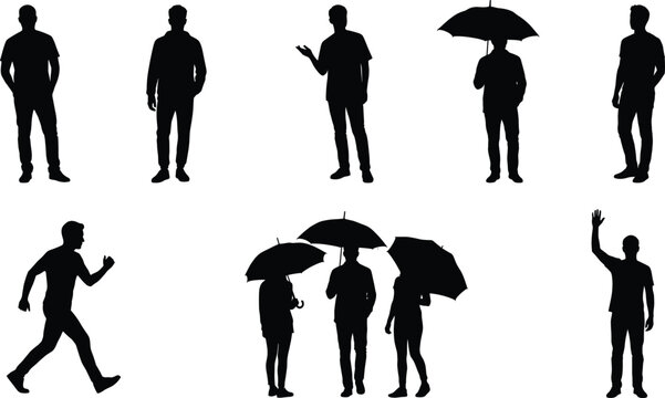 Professional collection of man silhouettes in diverse lifestyle poses including walking, standing, waving, and people holding umbrellas during rain for versatile creative design projects.