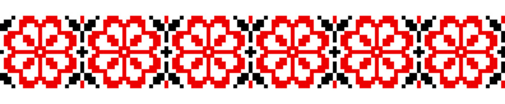 Ukrainian Vyshyvanka embroidery border, red and black traditional geometric folk ornament seamless vector pattern
