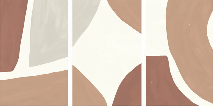 Abstract art triptych with muted earth tones, featuring flowing organic shapes and clean lines. The three panels, unified by a soft palette of cream, beige, and terracotta.