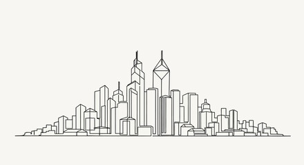 Fototapeta premium Minimalist Skyline Outline Drawing of Modern Cityscape with Tall Buildings