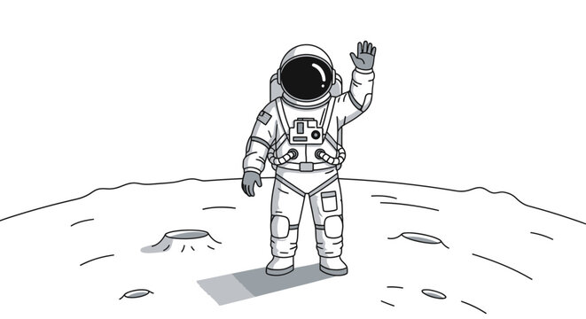 Astronaut on a lunar surface waving monochrome illustration copy space