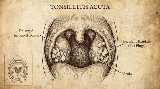 Tonsillitis Acuta Medical Illustration, Inflamed Tonsils, Pus Plugs.