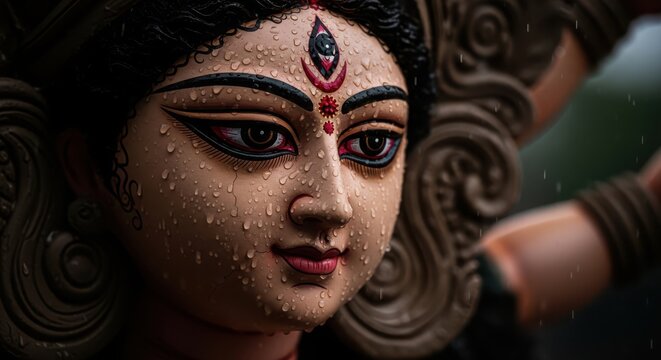 Closeup of goddess durga idol face with raindrops, symbolizing devotion and the spirit of durga puja festival