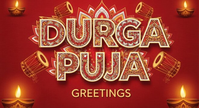 Durga puja greeting card design with traditional mandala pattern, dhak drums and glowing diya lamps on red background