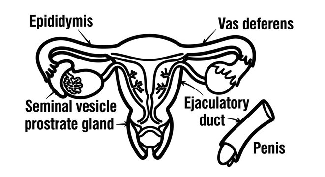 Diagram of human male reproductive system with labeled anatomy elements