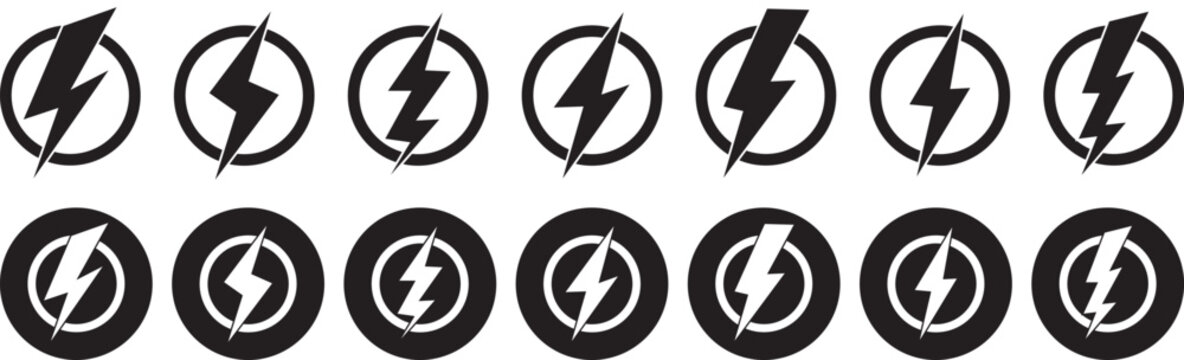 Wireless charger battery. Glowing symbols with lightning bolts. Electromagnetic charger icons. Electric charge pictogram, thunder warning design. Thunderbolt simple logo, light flash, fast battery cha