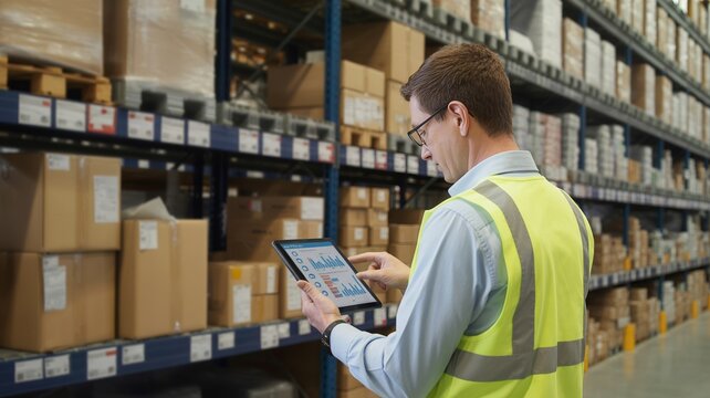 Warehouse supervisor checking inventory analytics on tablet