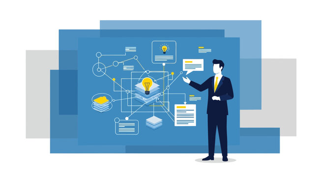 Businessman presenting a complex flowchart with ideas and data analysis