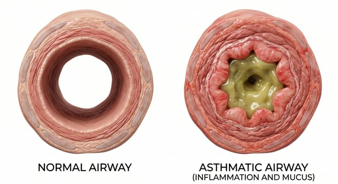 Anatomical comparison rendering showing normal airway alongside asthmatic bronchus with inflammation mucus and constriction representing acute respiratory pathology clinical medicine