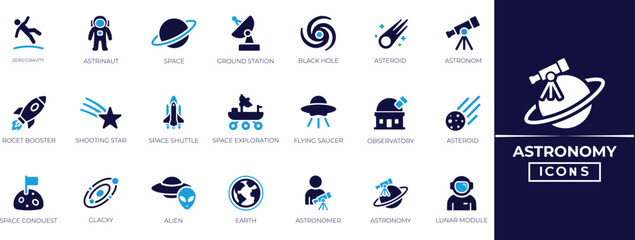 Astronomy solid icons: Universe, astronaut, exploration, planet, rocket, comet, telescope, planets. vector set for space exploration, science, galaxy design. Vector illustration. © SokretiRani