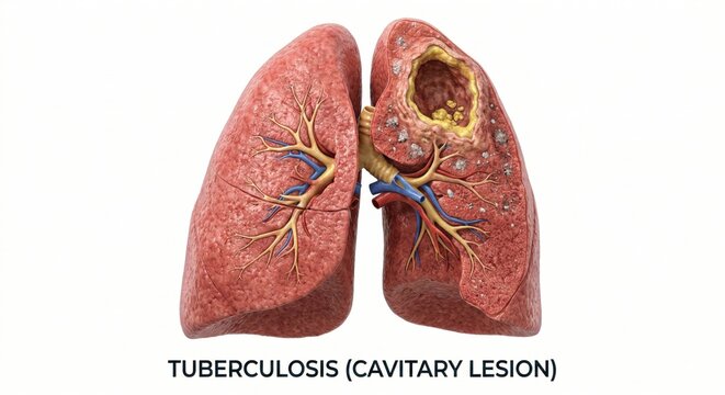Anatomical visualization displaying lung tuberculosis cavitary lesion and caseous necrosis nodules representing chronic infectious respiratory pathology within clinical medicine