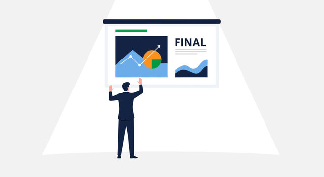 Business presentation with charts and data, man holding screen