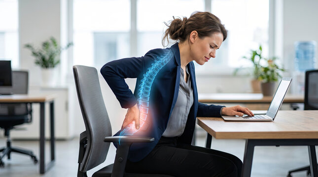 Woman suffering back pain from poor posture while working concept. Woman experiences back pain while working at her office desk.