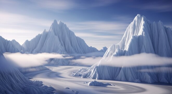 Cha&icirc;ne de montagnes enneig&eacute;es sous un ciel bleu clair parsem&eacute; de nuages ​​blancs et duveteux