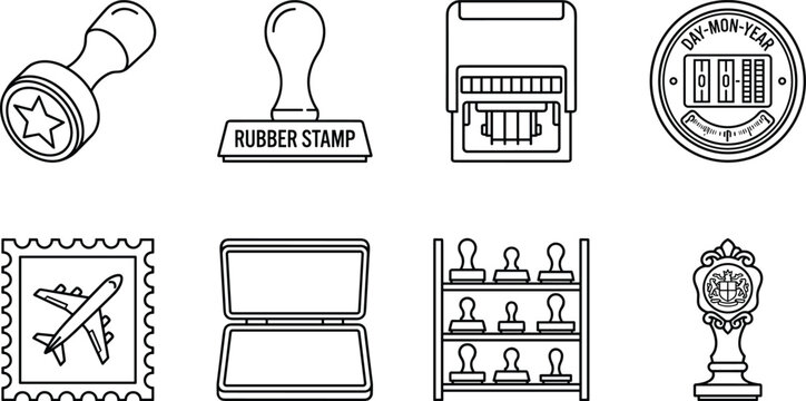 Rubber Stamp and Official Seal Icon Set with Postal Mark, Passport Validation, Approval Badge, and Document Authentication Symbols
