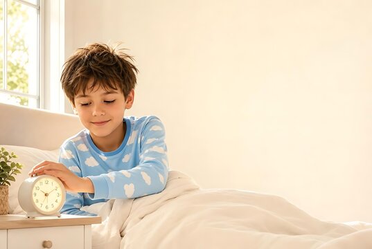 Child waking up beside alarm clock during calm morning routine