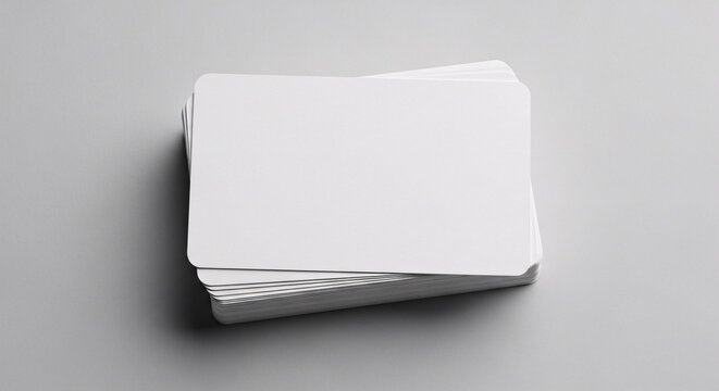 Stack of blank white business cards on gray background with copy space