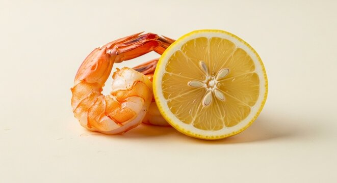 Crevettes et tranches de citron en gros plan sur fond clair, concept d'alimentation saine