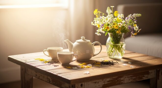 Nature morte repr&eacute;sentant un service &agrave; th&eacute; et des fleurs ensoleill&eacute;es sur une table en bois