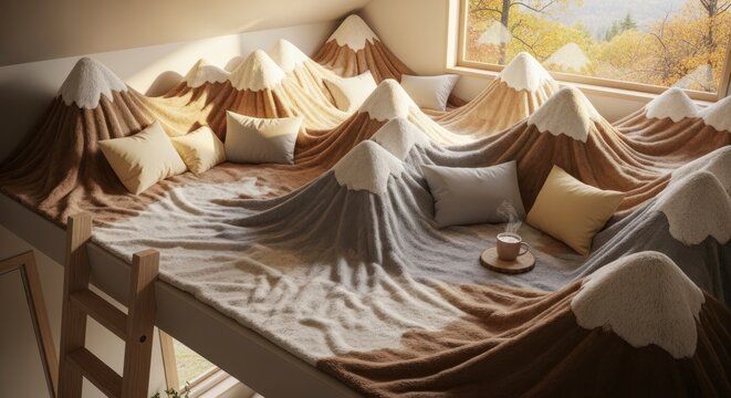 Chambre confortable avec des couvertures et des oreillers en forme de montagne cr&eacute;ant un int&eacute;rieur pittoresque