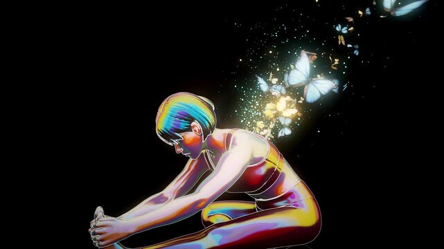 Conceptual 3D animation of a woman practicing yoga janu sirsasana with flying butterflies