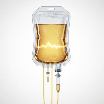 Futuristic intravenous drip bag with glowing amber liquid and tubes isolated on white