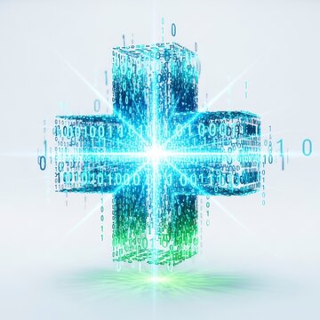 Digital health cross with glowing binary code and data visualization