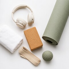 Obraz premium Yoga and recovery set with cream headphones green mat cork block resistance band massage ball and towel