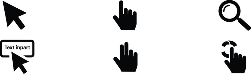 Obraz premium Black cursor hand gestures and magnifying glass icons set isolated on transparent background