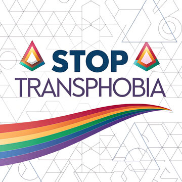 Stop transphobia message design with rainbow ribbon and geometric triangle elements on white background.