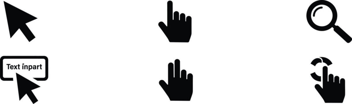 Black cursor hand gestures and magnifying glass icons set isolated on transparent background