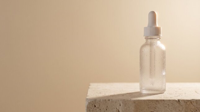 Minimalist Frosted Glass Serum Dropper Bottle with Water Droplets on Travertine Stone Pedestal with Neutral Copy Space