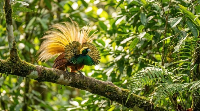 Male Greater Bird of Paradise Displaying Vibrant Golden Plumes and Emerald Feathers on a Mossy Branch in Tropical Rainforest
