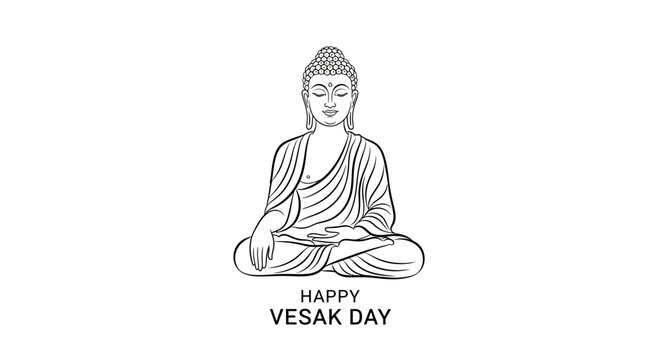 Happy Vesak Day illustration, Buddha meditating in lotus pose, white background