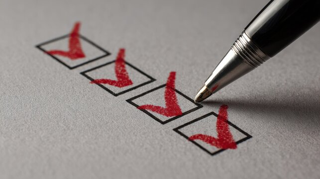 A close-up shot of a pen checking a list with red check marks, emphasizing completion and task management. It evokes efficiency and precision