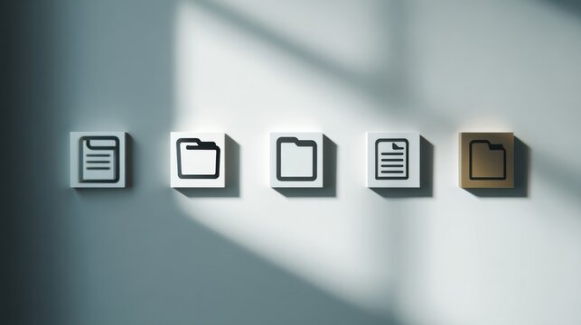 A close-up shot of a set of five file folder icons on a wall, with the last one appearing different 