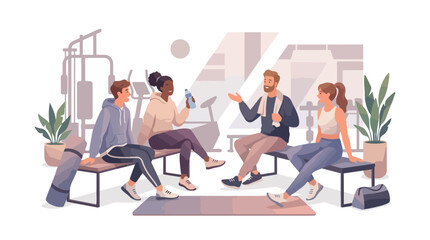 Obraz premium Group of diverse young people resting and chatting together in a modern gym.