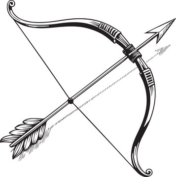 Arbalet Bow Hand-drawn Sketch Drawing Vector Illustration, Line Linear Symbol Black and White Engraving, Isolated
