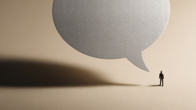 A miniature figure standing beneath a large speech bubble casting a long shadow
