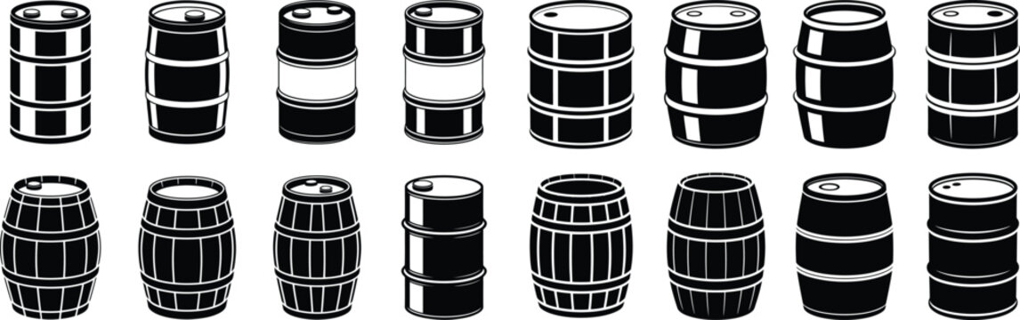 Oil barrels vector set with various styles, metallic and wooden barrels, black graphic collection for industrial use isolated on transparent background.