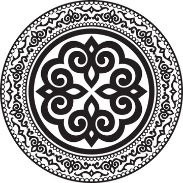 Black monochrome round border. Tatar national ornament. Ethnic pattern of the Turkic peoples. Asian frame, ring, circle.